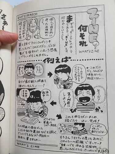 A hand-drawn and hand-written page at the back of RIOT vol. 1 titled "What's ZINE?" It gives a one-panel example from the comic of Anton-san explaining what is a zine, and then a longer explanation at the bottom using an example of a person wanting to talk about a movie based on the (American?) Civil War, deciding to make a zine about it rather than just post on social media, doing background research, and then making a zine