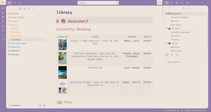 Library page with my Bookshelf section, four Currently Reading titles, and the heading for the next section labeled TBR Pile