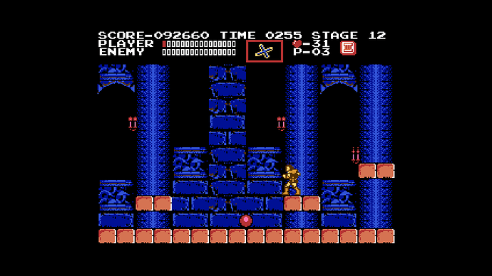 A screenshot of the original Castlevania. The player sits in the third boss room, with the orb that spawns from defeating a boss sitting on the floor