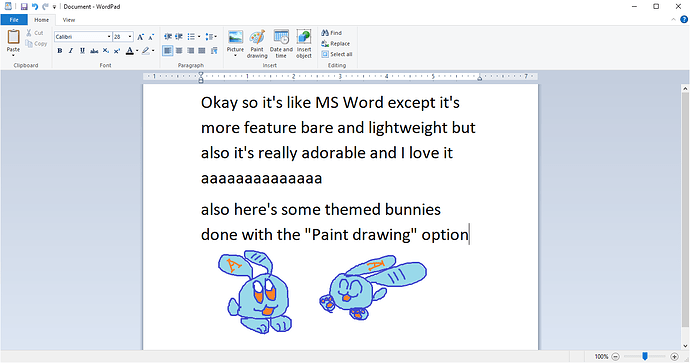 WordPad document containing praise for the program and some themed bunnies