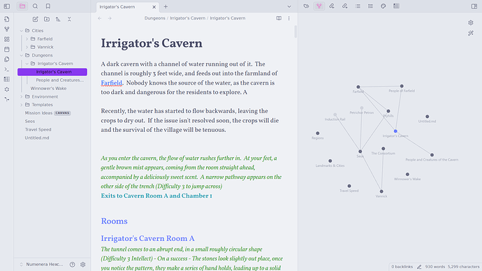 Picture of a slight outline on the left, with a text area for Irrigator's Cavern in the middle, with a web of connected dots on the right