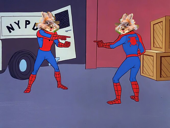 spider-man pointing meme but bunny heads crudely pasted on