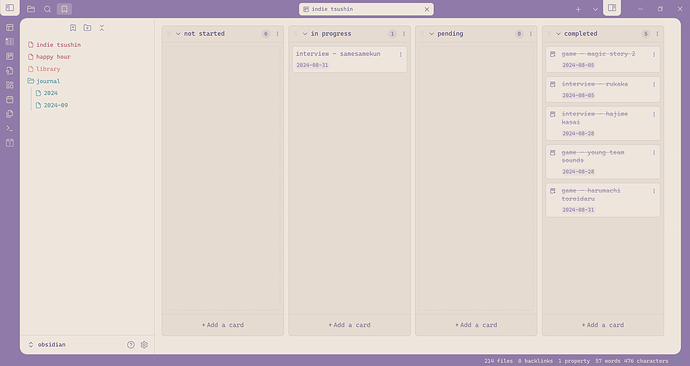 Kanban board plugin with "cards" for Indie Tsushin articles and columns for not started, in progress, pending, and completed