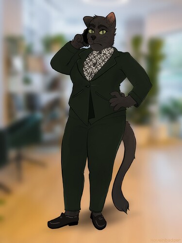 A drawing of an anthropomorphic black cat, making a phone call. She's wearing a dark green business suit, with a patterned shirt and sensible black loafers.