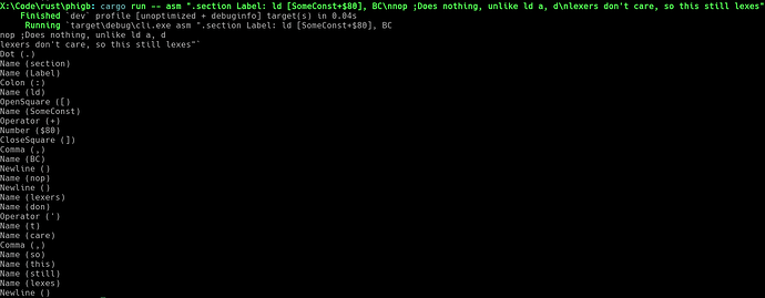 Command line output for my lexer, showing it splits text into a bunch of separate bits