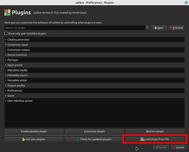 calibre preferences open to the Plugins tab. A red rectangle is around a button in the bottom-right corner labeled "Load plugin from file"