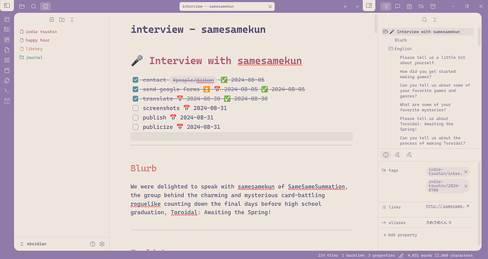 Note for "Interview with samesamekun", a task list, and a blurb. To the right is the outline of the article with the questions from the interview