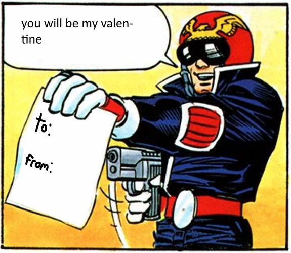 Captain Falcon holding a pistol and a sheet of paper reading "to" and "from" while saying "you will be my valen-tine"