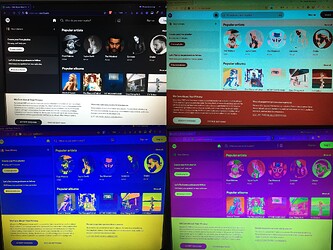 4 phone camera photos of a computer monitor with the spotify website on it. one appears normal, and the other 3 have all the colours randomized and incongruent