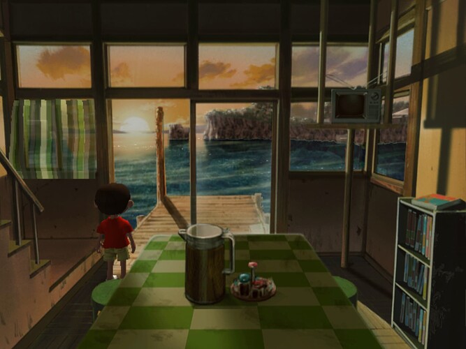 image of a young boy in a small dining room staring out an open glass door at a small dock and the sea and sunset.