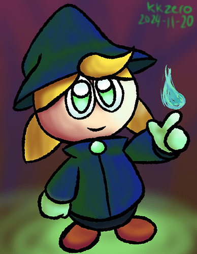 Rea, a blonde witch in blue with green eyes and a green magic flame