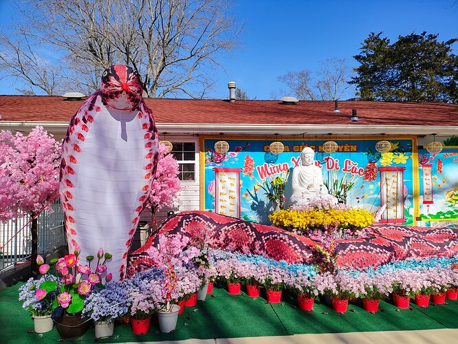 A large, probably extremely zoologically inaccurate inflatable cobra doing a blep and a Buddha statue surrounded by fake flowers in front of a celebratory banner