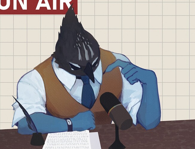 a picture of a bird man sitting in front of a microphone with an on air sign behind him.