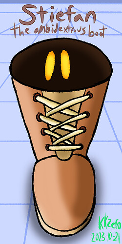 Stiefan the Ambidextrous Boot, a brown laced boot with two yellow eyes inside.