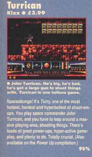 Turrican review in Amstrad Action 75 that calls the player character "John Turrican"