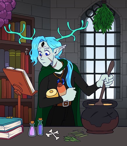 a picture of a person with blue hair and blue-grey skin and antlers looking worryingly at a book while stirring a cauldron