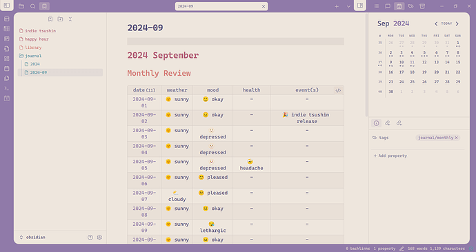 Month page for 2024 September listing off the dates, weather, mood, health, and events