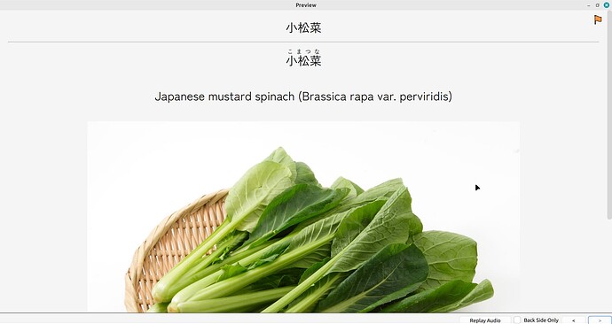 The front and back of an Anki card for komatsuna, Japanese mustard spinach. Underneath the English meaning is a large picture of a leafy green veggie on a woven basket