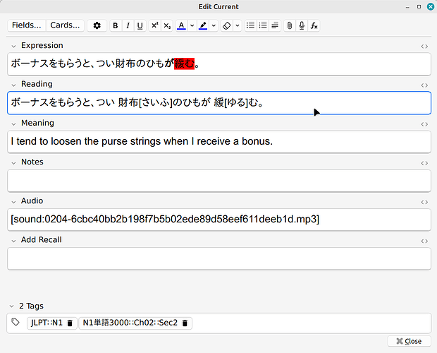 Editing an Anki note with fields for Expression (the Japanese sentence), Reading (the same sentence with furigana), Meaning (in English), blank Notes, link to an MP3 in the Audio field, and empty Add Recall field. Tags are JLPT::N1 and 日本語単語3000::Ch02::Sec02