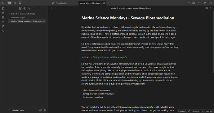 Obsidian screenshot with a draft of a blog post about marine science.