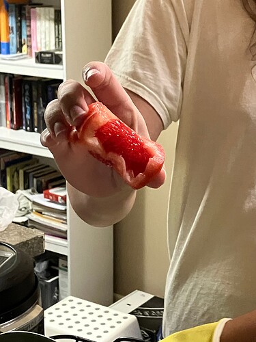 A red vegetable with pulpy insides.