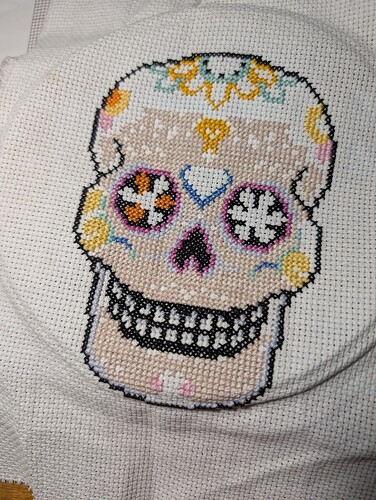 a cross stitch piece of a calavera