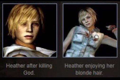 heather silenthill3 after killing god ➡ heather silenthill3 enjoying her blonde hair.