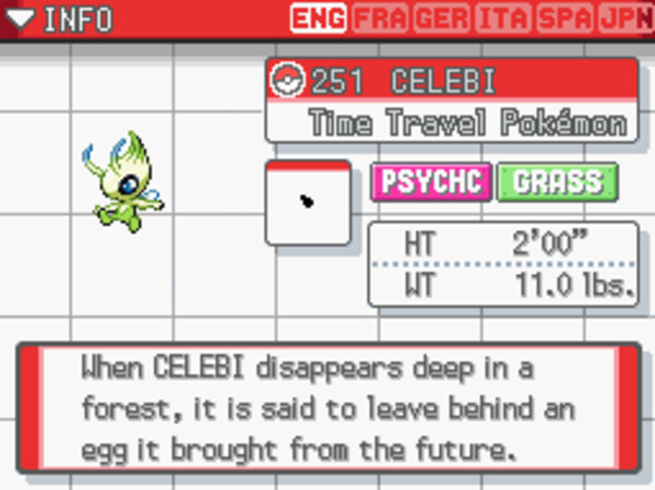 Celebi, Pokémon number 251, in the HGSS Pokédex