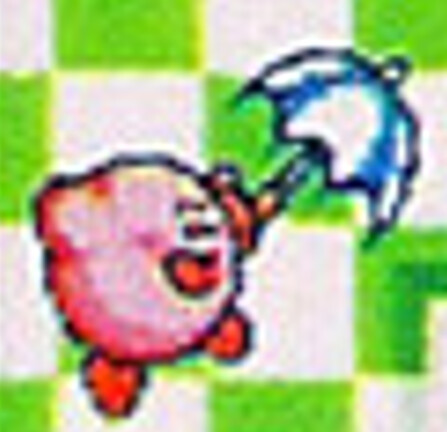 Kirby from the previous image, brandishing a blue parasol and with a great big smile